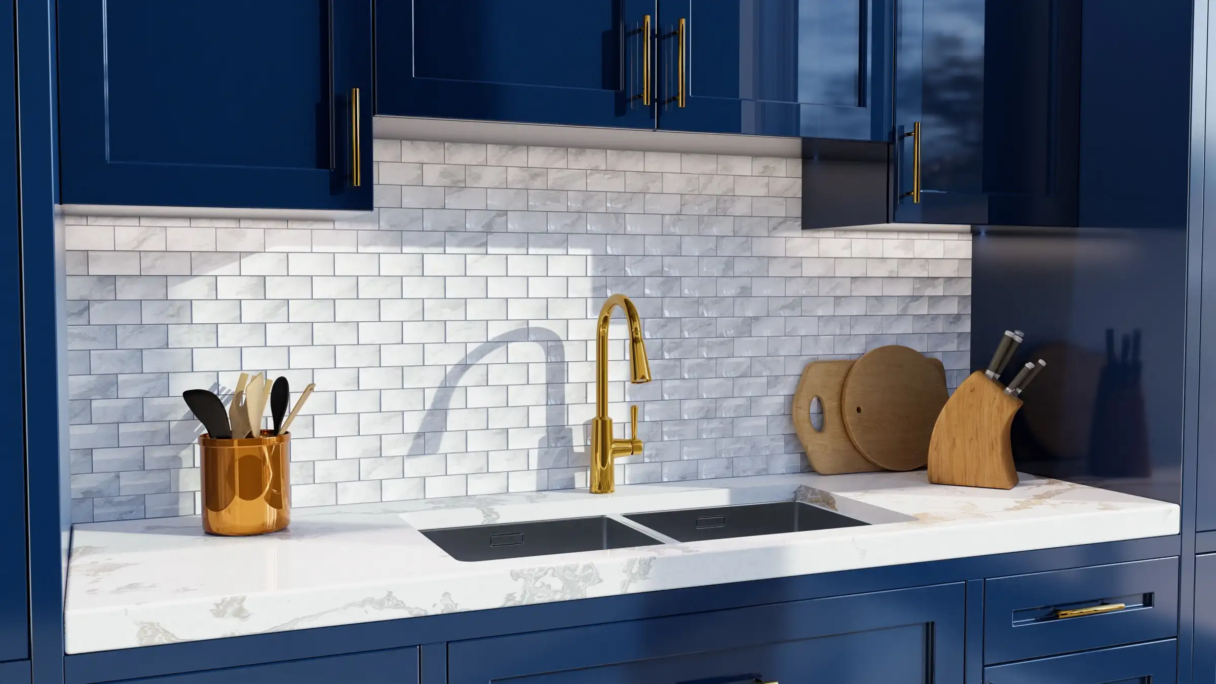 White subway-tile backsplash in a navy kitchen with a gold faucet, installed by Lastovica Masonry in Omaha, NE